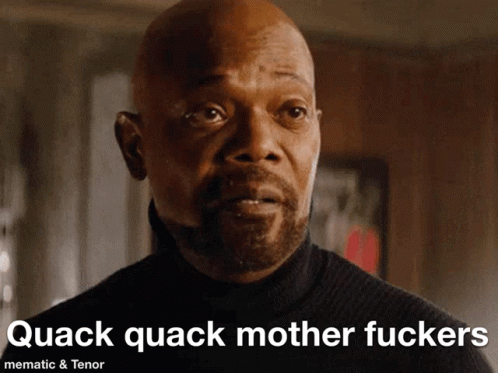 A Bald Man With A Beard And The Words Quack Quack Mother Fuckers GIF