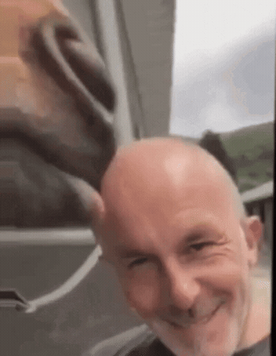 A Bald Man With A Beard Is Smiling And Looking At The Camera While Standing In Front Of A Window . GIF