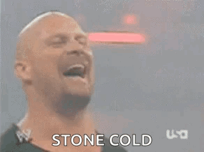 A Bald Man With A Beard Is Standing In Front Of A Blurry Background And The Words Stone Cold Are Visible . GIF