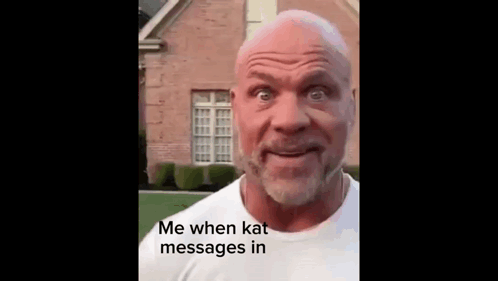 A Bald Man With A Beard Is Standing In Front Of A Brick House And Making A Funny Face . GIF