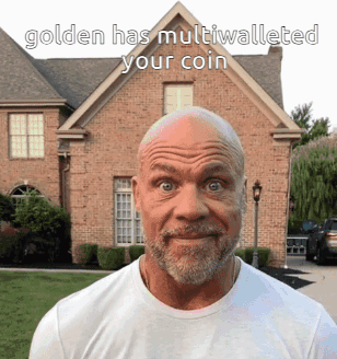 A Bald Man With A Beard Is Standing In Front Of A Brick House With The Words " Golden Has Multiwalleted Your Coin " GIF
