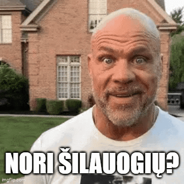 A Bald Man With A Beard Is Standing In Front Of A Brick House With The Words Nori Silauogiu Written On His Shirt GIF