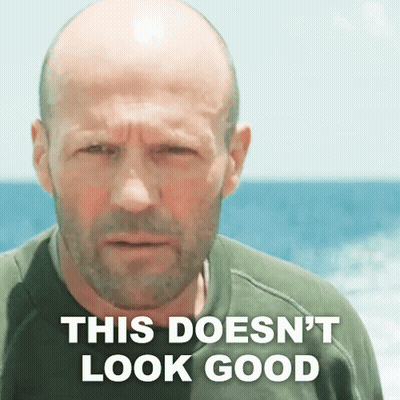 A Bald Man With A Beard Is Standing In Front Of The Ocean With The Words This Does N't Look Good Above Him . GIF