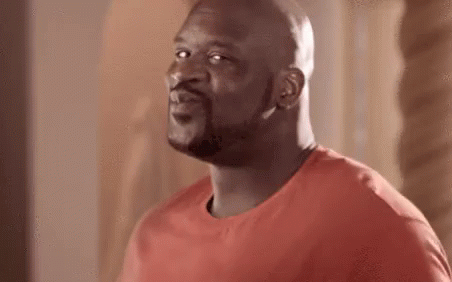 A Bald Man With A Beard Is Wearing A Red T-Shirt And Looking At The Camera . GIF