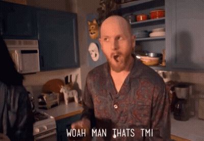 A Bald Man With A Beard Says Woah Man Thats Tmi In A Kitchen GIF