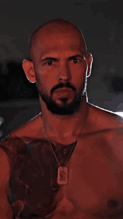 A Bald Man With A Beard Wears A Necklace With A Tag That Says S On It GIF
