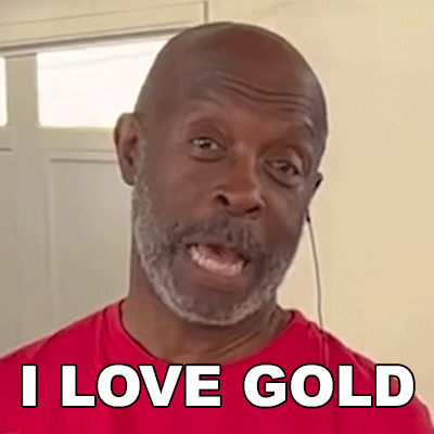 A Bald Man With A Gray Beard Is Wearing A Red Shirt And Says I Love Gold . GIF