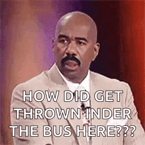 A Bald Man With A Mustache Is Asking How Did Get Thrown Under The Bus Here . GIF