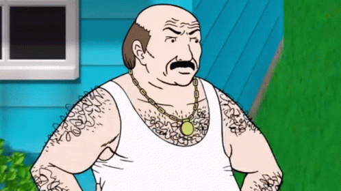 A Bald Man With A Mustache Is Wearing A White Tank Top And A Gold Necklace GIF