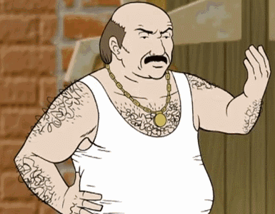 A Bald Man With A Mustache Is Wearing A White Tank Top And A Gold Necklace GIF