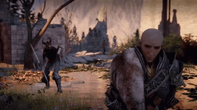 A Bald Man With A Sword Is Standing In A Field GIF