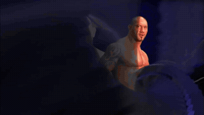 A Bald Man With A Tattoo On His Arm Is Standing In Front Of A Purple Background With The Name Bat On It GIF