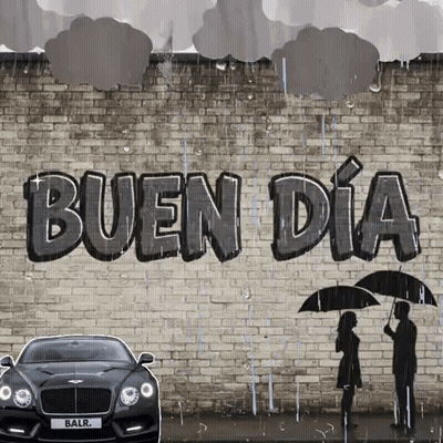 A Balr Car Is Parked In Front Of A Brick Wall That Says Buen Dia GIF