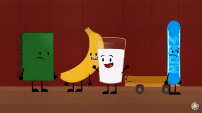 A Banana A Glass Of Milk A Notebook And A Snowboard Are Standing Next To Each Other On A Table GIF