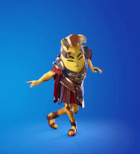 A Banana In A Gladiator Costume Is Dancing In Front Of A Blue Background . GIF