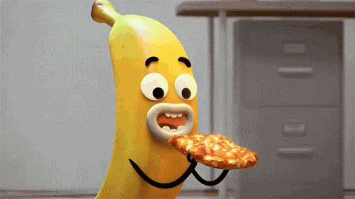 A Banana Is Eating A Slice Of Pizza With Its Mouth Open GIF