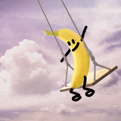 A Banana With Arms And Legs Is Sitting On A Wooden Swing GIF