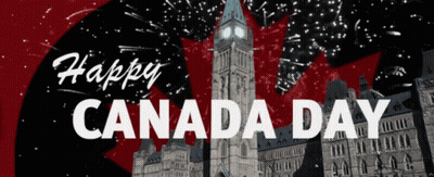 A Banner That Says Happy Canada Day With A Clock Tower GIF