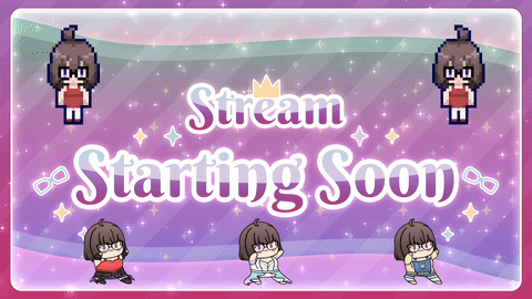 A Banner That Says Stream Starting Soon With Cartoon Characters GIF