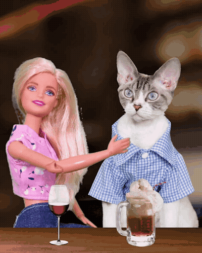 A Barbie Doll And A Cat Are Sitting At A Table With A Glass Of Wine And A Mug Of Beer GIF