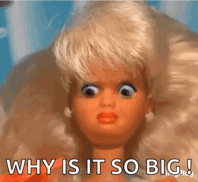A Barbie Doll Is Making A Funny Face And Says " Why Is It So Big " GIF