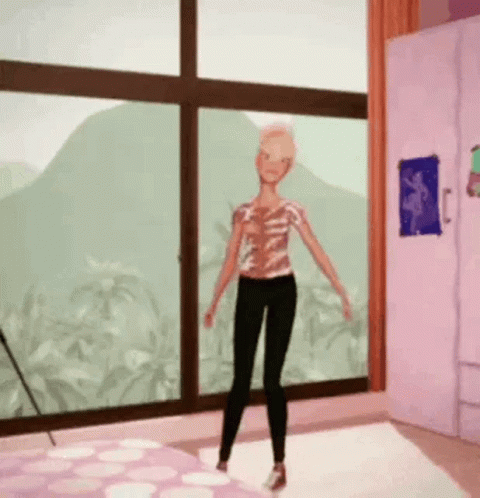 A Barbie Doll Is Standing In Front Of A Window In A Pink Room . GIF