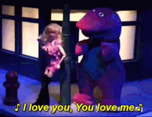 A Barbie Doll Is Standing Next To A Purple Dinosaur Who Says I Love You You Love Me GIF