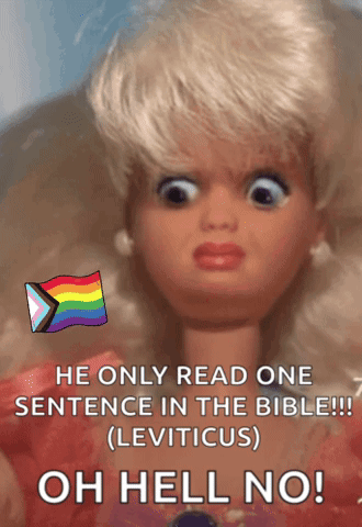 A Barbie Doll With A Rainbow Flag On Her Head And The Words He Only Read One Sentence In The Bible GIF