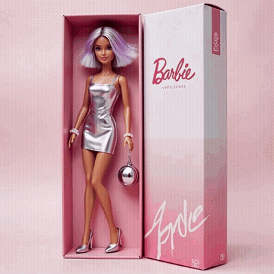 A Barbie Doll With Purple Hair Is In A Pink Box With The Word Barbie On It GIF