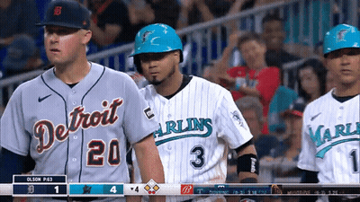 a baseball game between the detroit tigers and the marlins is underway