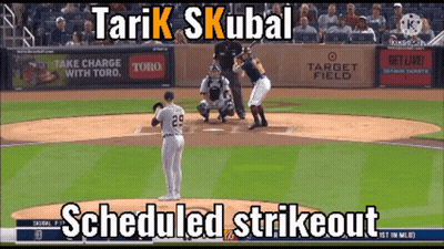 A Baseball Game Is Being Played And A Scheduled Strikeout Is Being Displayed GIF