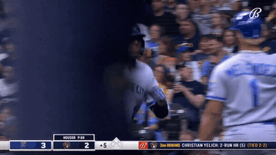 A Baseball Game Is Being Played Between Christian Yelich And Houser GIF