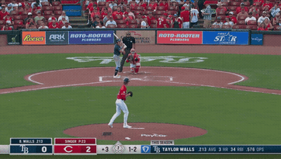 A Baseball Game Is Being Played In A Stadium With Advertisements For Reese 'S And Roto-Rooter GIF
