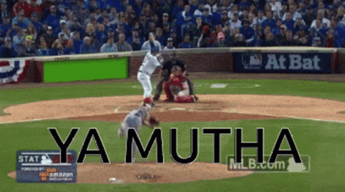 A Baseball Game Is Being Played In Front Of A Crowd And A Sign That Says Ya Mutha GIF
