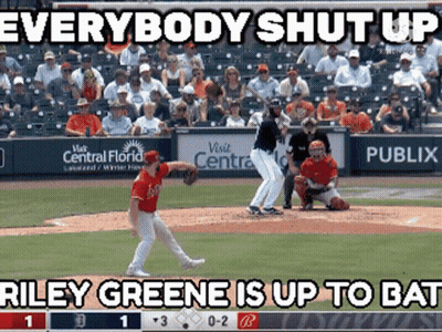 A Baseball Game Is Being Played With A Caption That Says Everybody Shut Up Riley Greene Is Up To Bat GIF