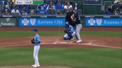 A Baseball Game Is Being Played With A Kansas City Banner In The Outfield GIF