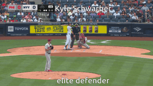 A Baseball Game Is Being Played With Kyle Schwarber As The Elite Defender GIF