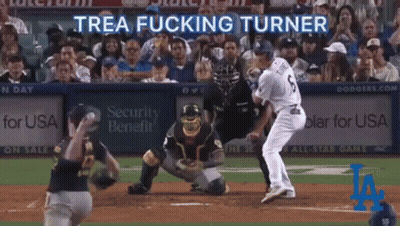 A Baseball Game With The Words Trea Fucking Turner GIF