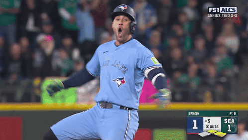 A Baseball Player For The Blue Jays Celebrates A Home Run GIF