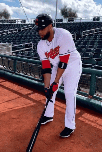 A Baseball Player For The Indians Holds A Bat GIF