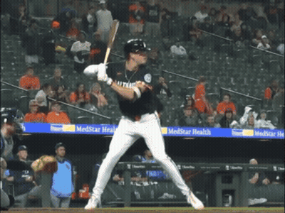 A Baseball Player Getting Ready To Swing At A Ball In Front Of A Banner For Medstar Health GIF