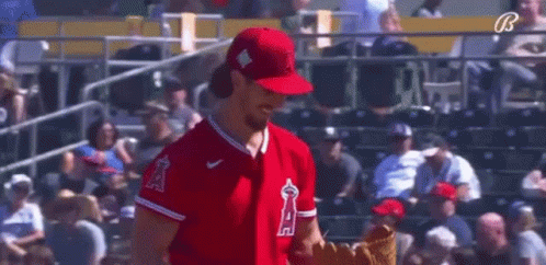 A Baseball Player In A Red Uniform Is Standing In Front Of A Crowd At A Game . GIF