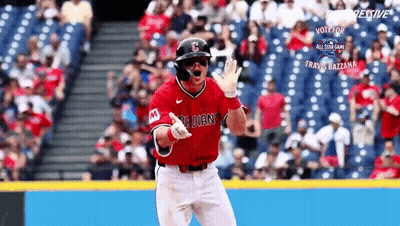 A Baseball Player In A Red Uniform With The Letter C On The Front GIF