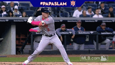 A Baseball Player Is Getting Ready To Swing At A Ball With A Papaslam Advertisement Behind Him GIF