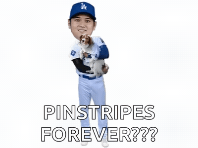 A Baseball Player Is Holding A Dog With The Words Pinstripes Forever Written Below Him GIF