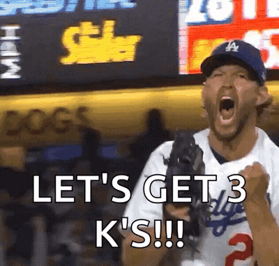A Baseball Player Is Holding A Glove And Shouting " Let 'S Get 3 K 'S !! " GIF