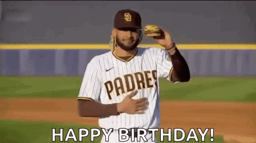 A Baseball Player Is Holding A Hamburger In His Hand And Saying `` Happy Birthday ! '' GIF