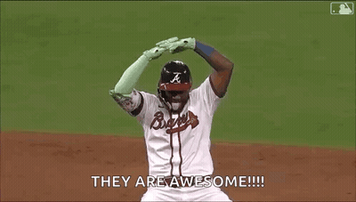 a baseball player is kneeling on the field and saying `` they are awesome ! ''