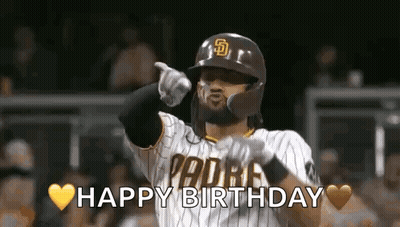 A Baseball Player Is Pointing At The Camera While Wearing A Helmet And Gloves And Says `` Happy Birthday '' . GIF