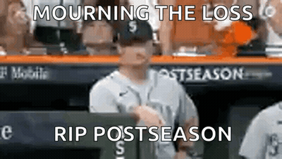 A Baseball Player Is Standing In The Dugout With A Sign That Says Mourning The Loss Rip Postseason GIF